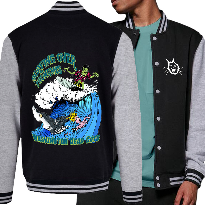Teddy baseball en molleton noir et gris chiné Surfing Over Tsunamis (Washington Dead Cats,Skate)