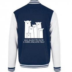 Teddy baseball en molleton bleu marine et blanc Le bordel dans votre frigo (Gondrax,Animaux,Ecologie,Humour)
