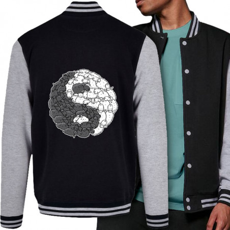 Teddy baseball en molleton noir et gris chiné Yin Yang Moutons (Mr Mouton,Humour)
