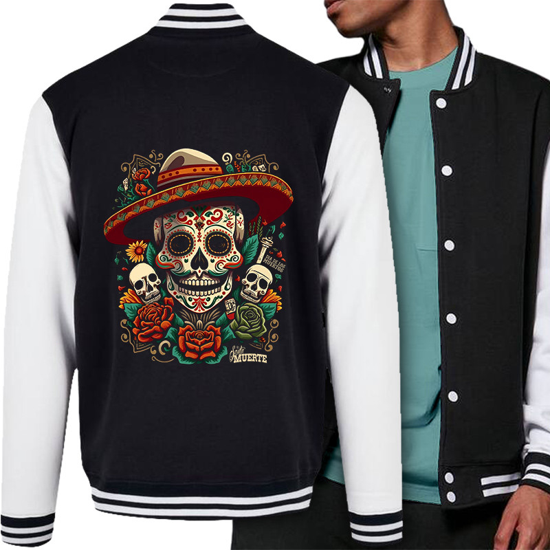 Teddy baseball en molleton noir et blanc Dia de los muertos (Santa Muerte,Têtes de morts)