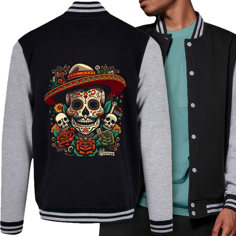 Teddy baseball en molleton noir et gris chiné Dia de los muertos (Santa Muerte,Têtes de morts)