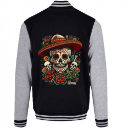 Teddy baseball en molleton noir et gris chiné Dia de los muertos (Santa Muerte,Têtes de morts)