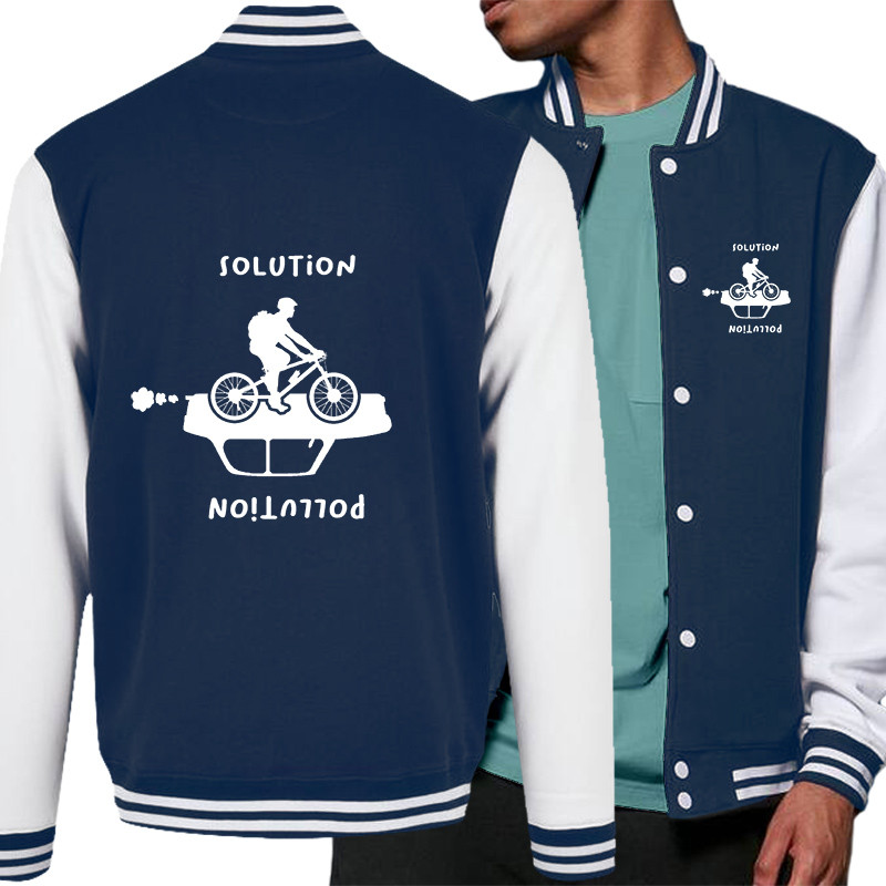 Teddy baseball en molleton bleu marine et blanc Pollution Solution (Gondrax,Ecologie,Vélo,Slogans engagés)