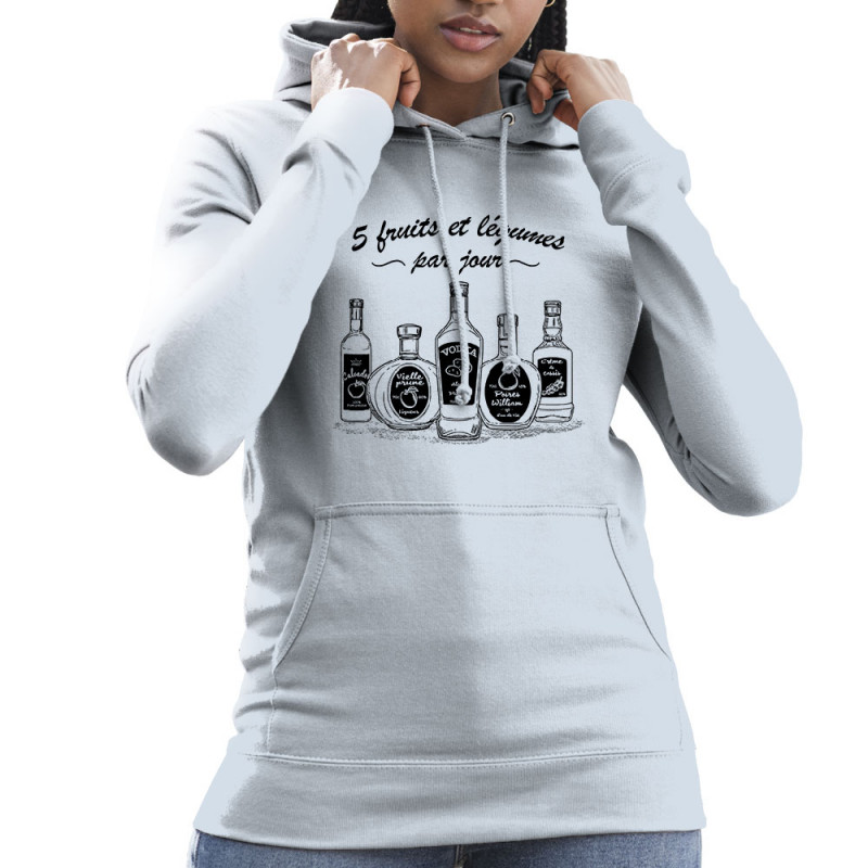 Sweat femme à capuche bleu ciel 5 fruits et légumes alcool (Gondrax,Alcool,Humour)
