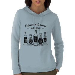 Sweat femme à capuche coton bio bleu ciel 5 fruits et légumes alcool (Gondrax,Alcool,Humour)