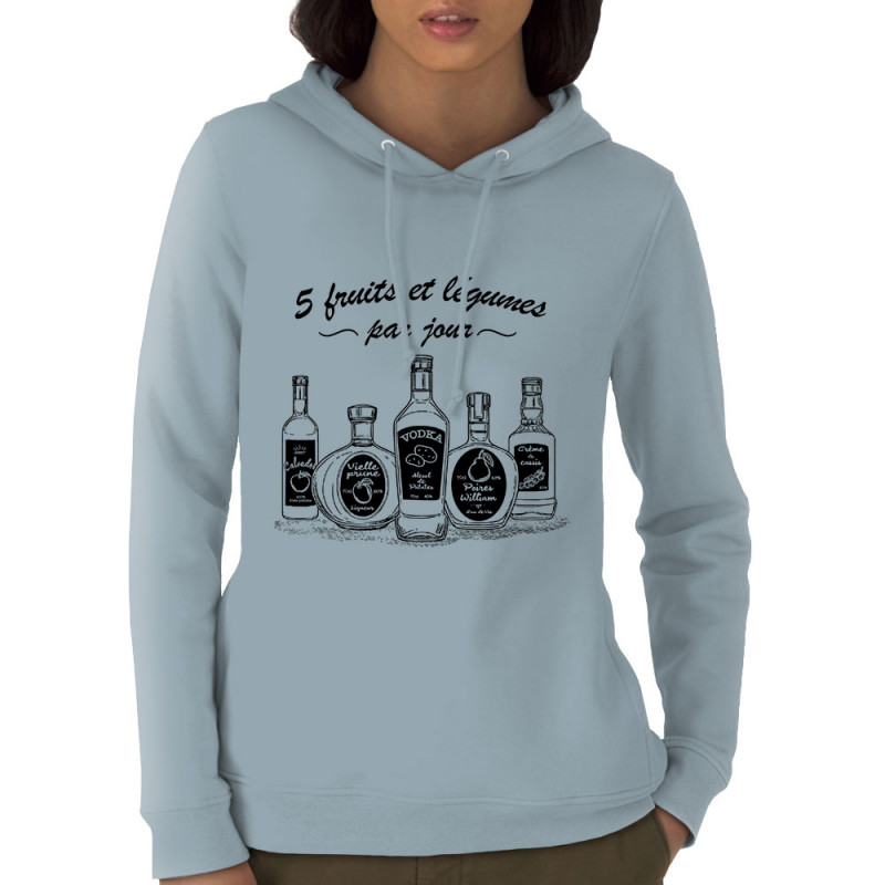 Sweat femme à capuche coton bio bleu ciel 5 fruits et légumes alcool (Gondrax,Alcool,Humour)