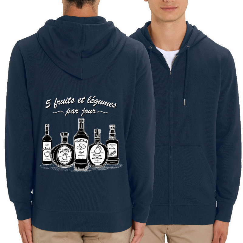 Sweat homme zippé à capuche coton bio bleu marine 5 fruits et légumes alcool (Gondrax,Alcool,Humour)