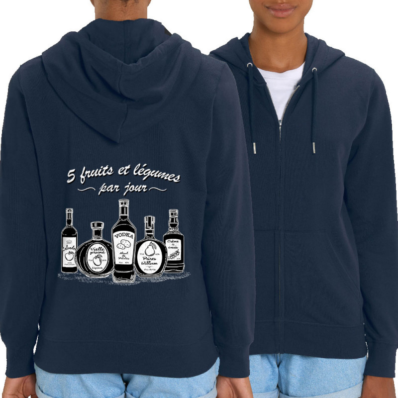 Sweat femme zippé à capuche coton bio bleu marine 5 fruits et légumes alcool (Gondrax,Alcool,Humour)