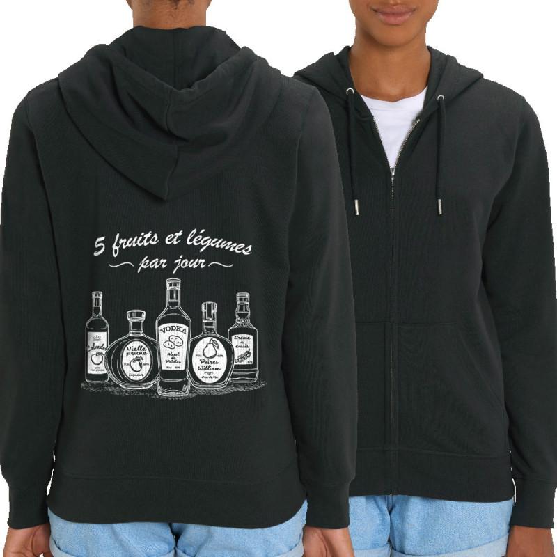 Sweat femme zippé à capuche coton bio noir 5 fruits et légumes alcool (Gondrax,Alcool,Humour)