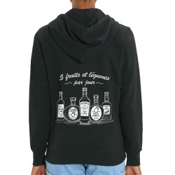 Sweat femme zippé à capuche coton bio noir 5 fruits et légumes alcool (Gondrax,Alcool,Humour)