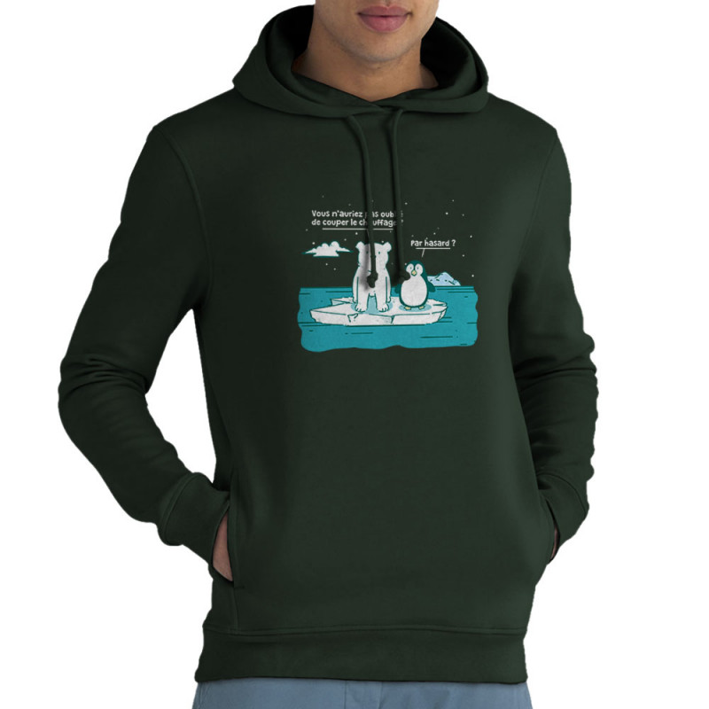 Sweat homme à capuche coton bio vert foncé Couper le chauffage (Gondrax,Animaux,Ecologie)