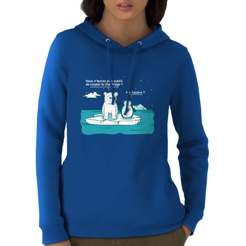 Sweat femme à capuche coton bio bleu royal Couper le chauffage (Gondrax,Animaux,Ecologie)