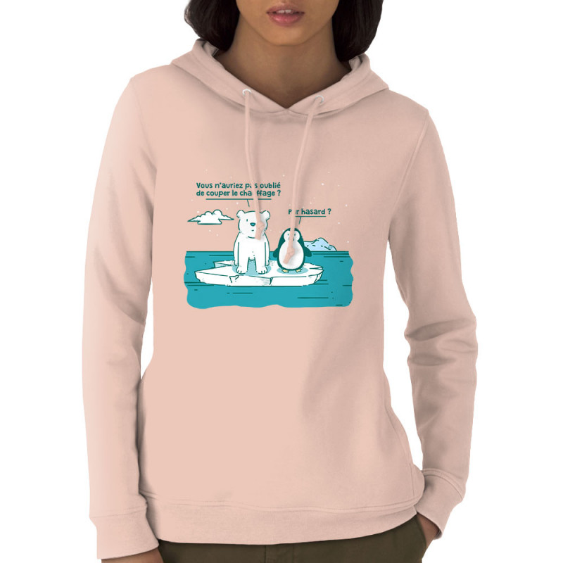 Sweat femme à capuche coton bio rose clair Couper le chauffage (Gondrax,Animaux,Ecologie)