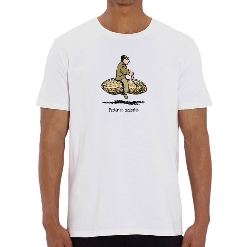 T-shirt homme coton bio blanc Partir en cacahuète (Gondrax,Humour,Partir en …)