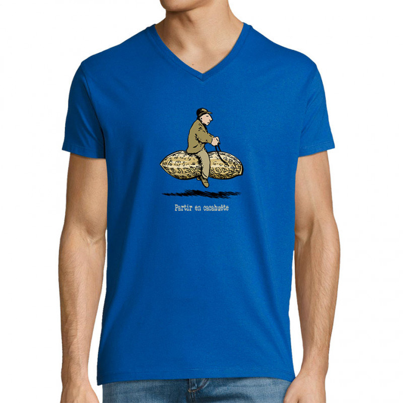 T-shirt homme col V bleu royal Partir en cacahuète (Gondrax,Humour,Partir en …)