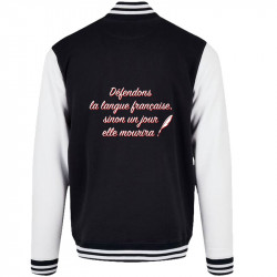 Teddy baseball en molleton noir et blanc Défendons la langue française (Gondrax,Humour,Slogans Débiles)
