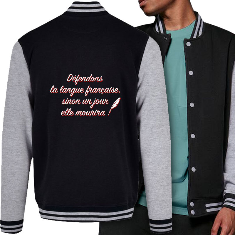 Teddy baseball en molleton noir et gris chiné Défendons la langue française (Gondrax,Humour,Slogans Débiles)