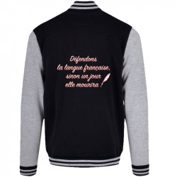 Teddy baseball en molleton noir et gris chiné Défendons la langue française (Gondrax,Humour,Slogans Débiles)