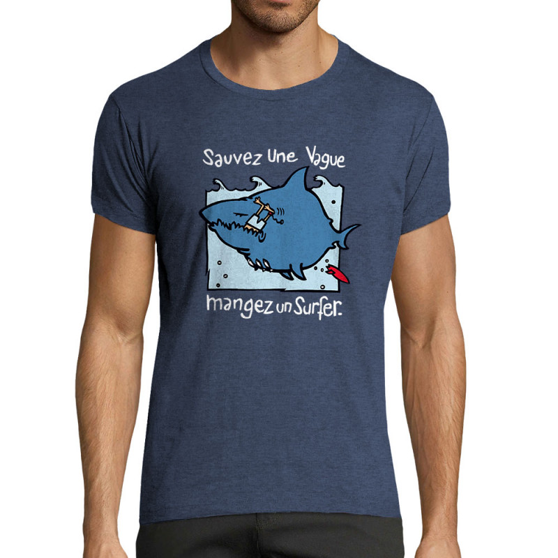 T-shirt homme fit bleu denim chiné Sauvez une vague (Humour,Animaux)