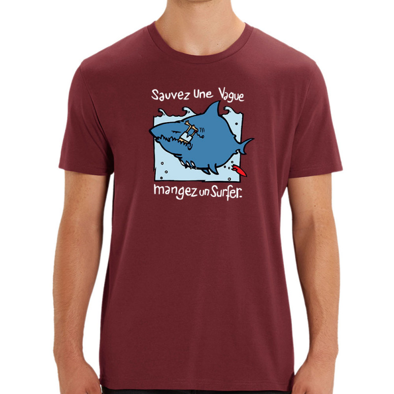 T-shirt homme coton bio bordeaux Sauvez une vague (Humour,Animaux)