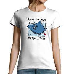 T-shirt femme blanc Sauvez une vague (Humour,Animaux)