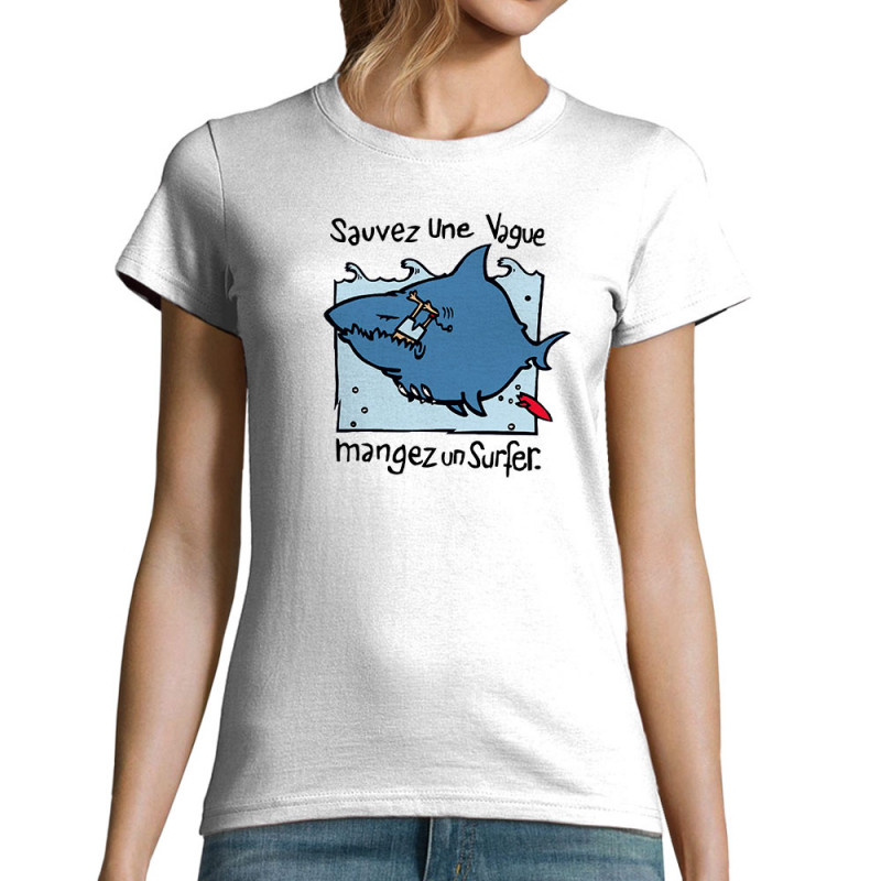 T-shirt femme blanc Sauvez une vague (Humour,Animaux)