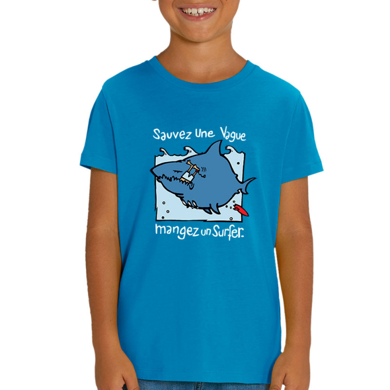 T-shirt enfant coton bio bleu azur Sauvez une vague (Humour,Animaux)