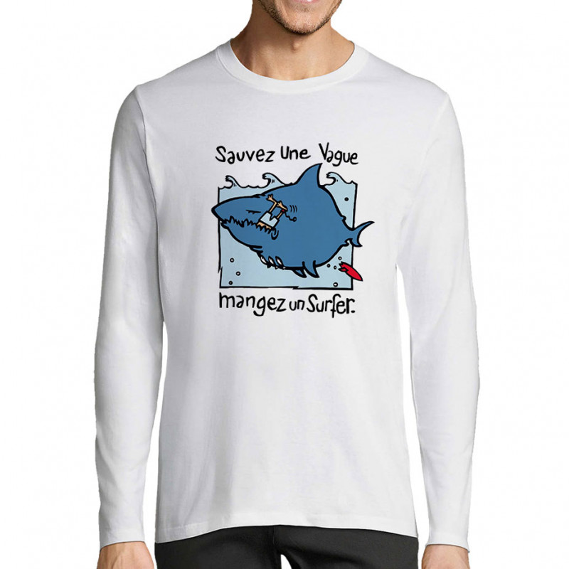 T-shirt homme manches longues blanc Sauvez une vague (Humour,Animaux)