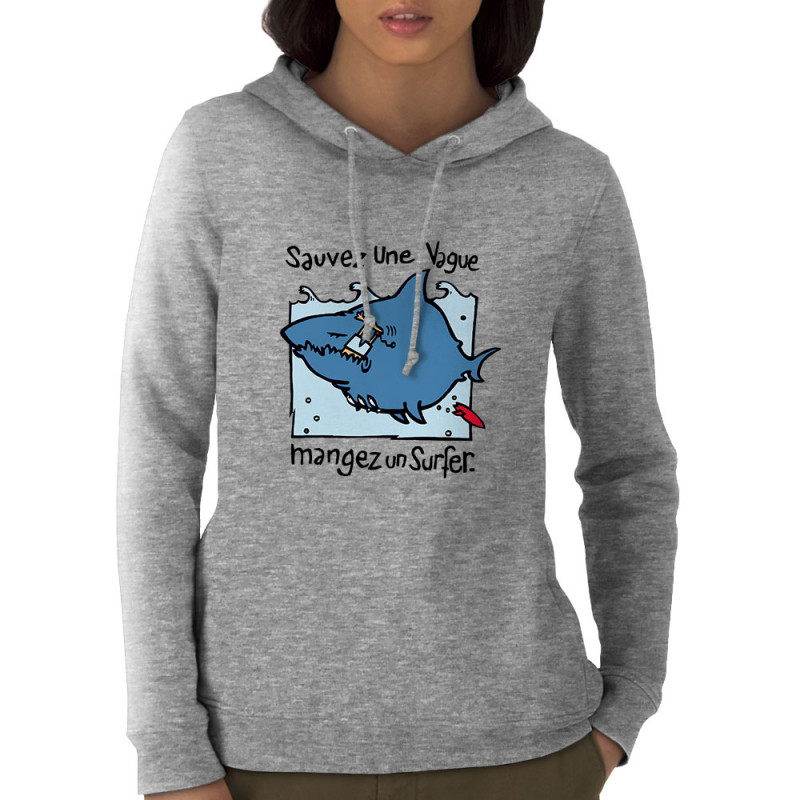 Sweat femme à capuche coton bio gris chiné Sauvez une vague (Humour,Animaux)