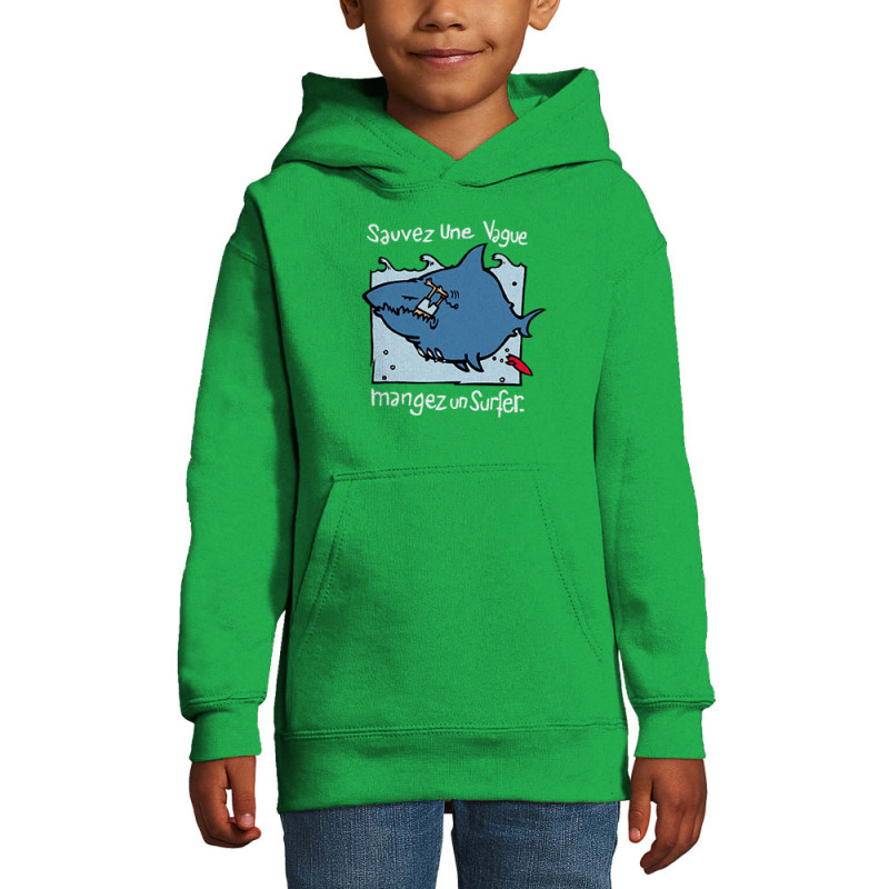 Sweat enfant à capuche vert prairie Sauvez une vague (Humour,Animaux)