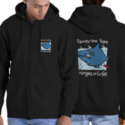 Sweat homme à capuche zippé noir Sauvez une vague (Humour,Animaux)