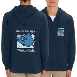 Sweat homme zippé à capuche coton bio bleu marine Sauvez une vague (Humour,Animaux)