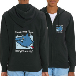 Sweat femme zippé à capuche coton bio noir Sauvez une vague (Humour,Animaux)