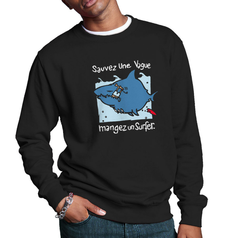 Sweat homme col rond noir Sauvez une vague (Humour,Animaux)