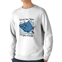 Sweat homme bio col rond blanc Sauvez une vague (Humour,Animaux)