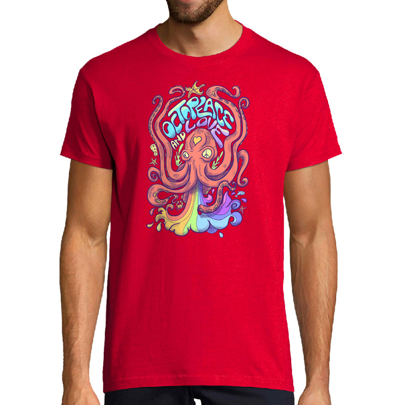 Tee-shirt homme rouge Octopeace and Love (Mr Mouton,Animaux,Humour)