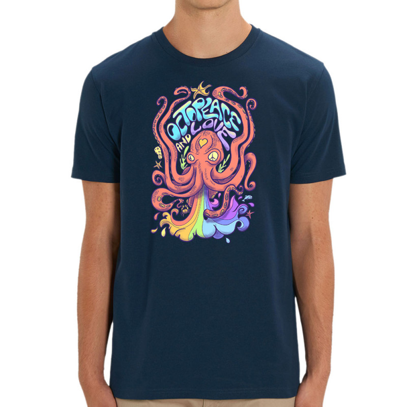T-shirt homme coton bio bleu marine Octopeace and Love (Mr Mouton,Animaux,Humour)