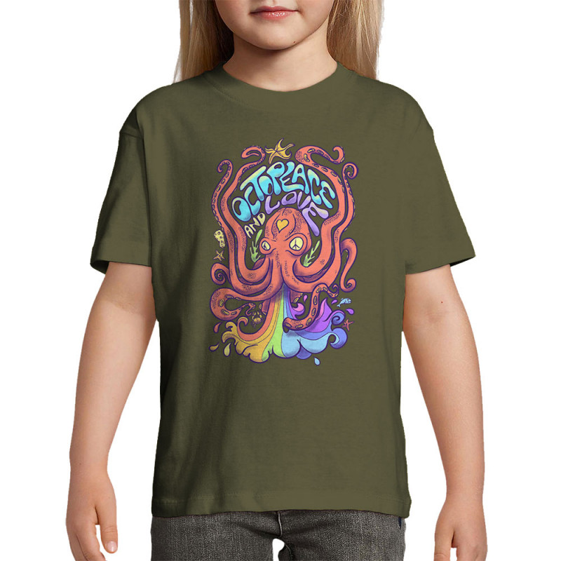 T-shirt enfant kaki foncé Octopeace and Love (Mr Mouton,Animaux,Humour)