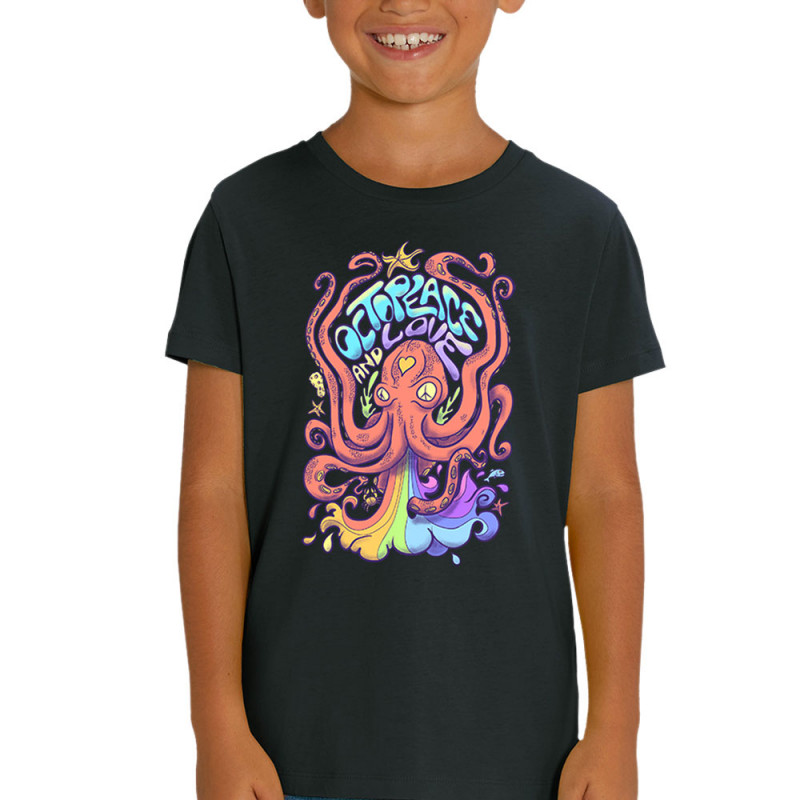 T-shirt enfant coton bio noir Octopeace and Love (Mr Mouton,Animaux,Humour)
