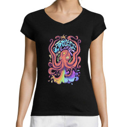 T-shirt femme col V noir Octopeace and Love (Mr Mouton,Animaux,Humour)