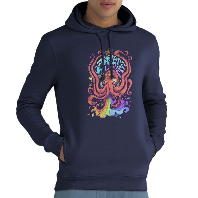 Sweat homme à capuche coton bio bleu marine Octopeace and Love (Mr Mouton,Animaux,Humour)