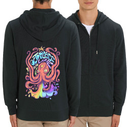 Sweat homme zippé à capuche coton bio noir Octopeace and Love (Mr Mouton,Animaux,Humour)