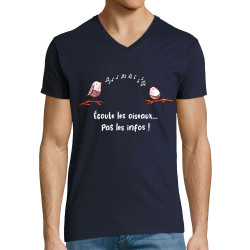 T-shirt homme col V bleu marine Ecoute les oiseaux pas les infos (Gondrax,Animaux,Slogans Débiles)