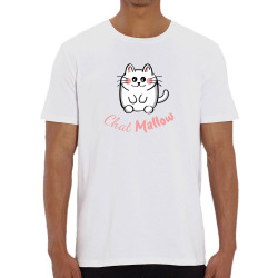 T-shirt homme coton bio blanc Chat Mallow (Trabe,Animaux,Chats)