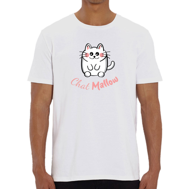 T-shirt homme coton bio blanc Chat Mallow (Trabe,Animaux,Chats)