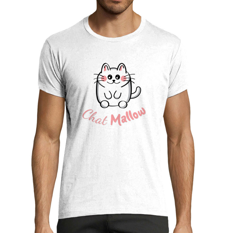 T-shirt homme fit blanc Chat Mallow (Trabe,Animaux,Chats)