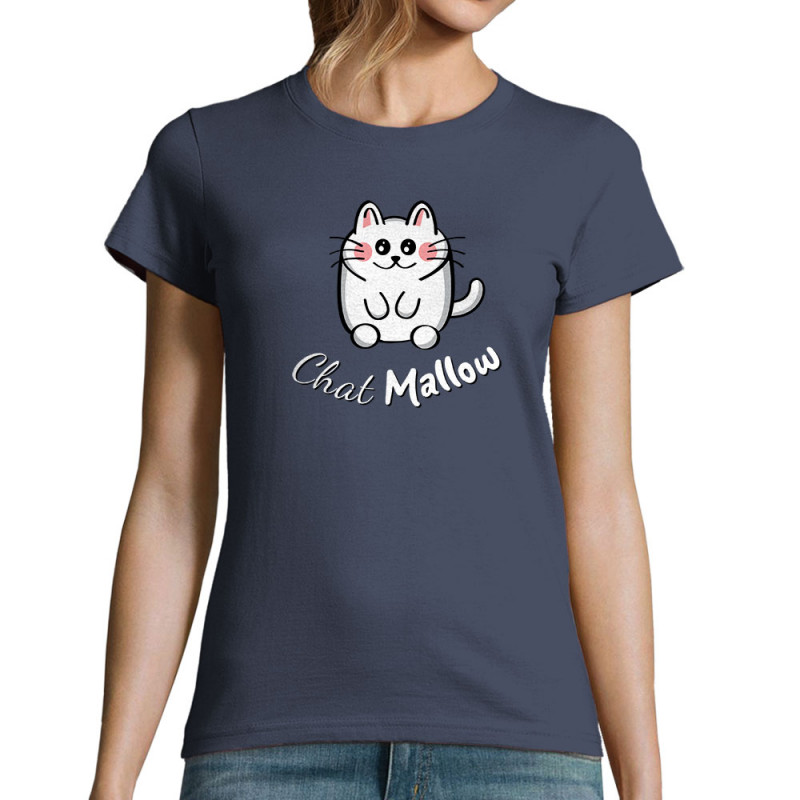 T-shirt femme bleu denim Chat Mallow (Trabe,Animaux,Chats)