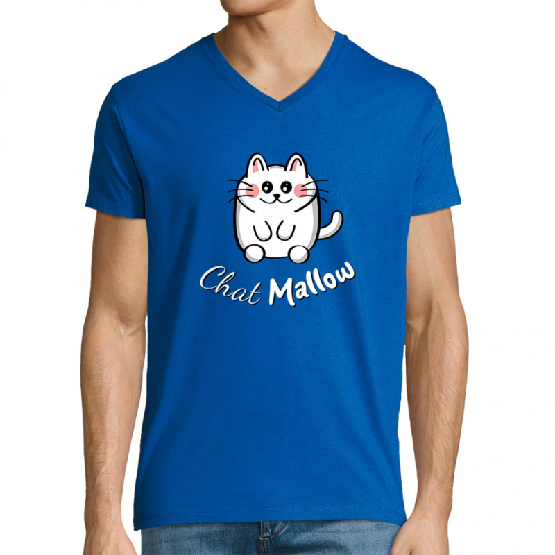 T-shirt homme col V bleu royal Chat Mallow (Trabe,Animaux,Chats)