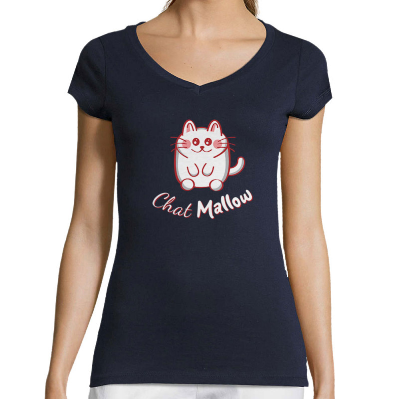T-shirt femme col V bleu marine Chat Mallow (Trabe,Animaux,Chats)