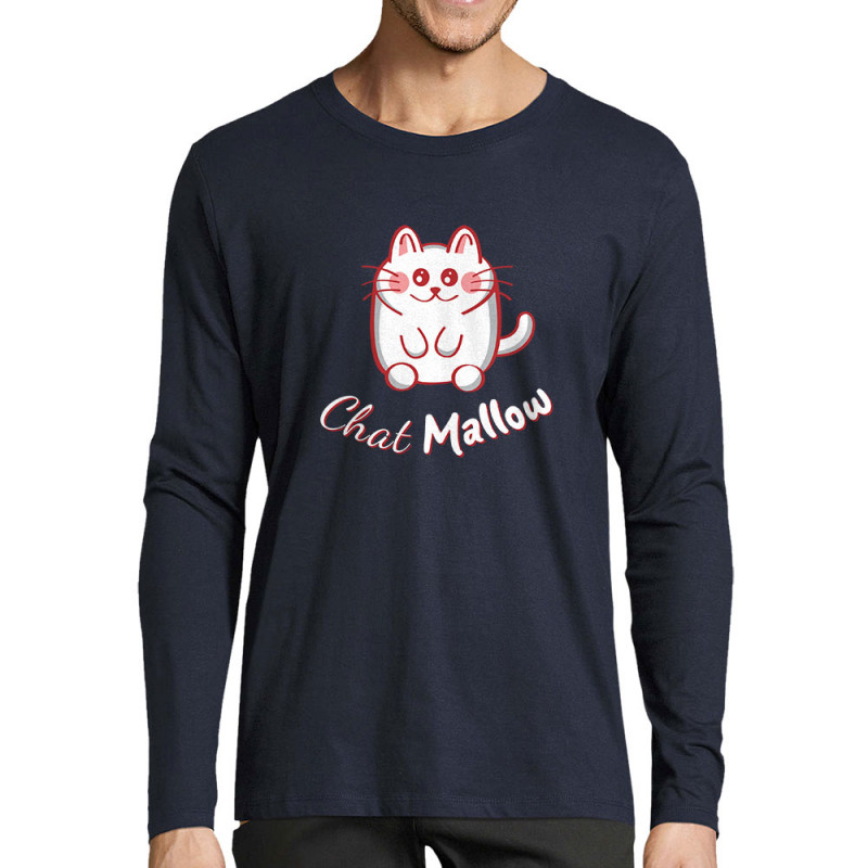 T-shirt homme manches longues bleu marine Chat Mallow (Trabe,Animaux,Chats)